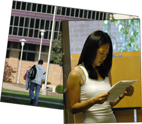 Student in library; rec center exterior.
