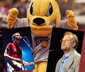Rocky Mascot, lecturer Jerry Greenfield, and MTV Invasion band.