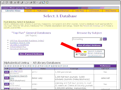 Screenshot of Select a Database page with a red arrow pointing to the WebFeat icon.