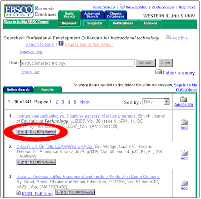 Screen shot of EBSCO Host database with the Find It! SFX WIU Libraries icon circled in red