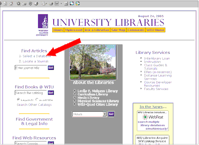 Screenshot of Libraries front page with a red arrow pointing to the select a Database link.