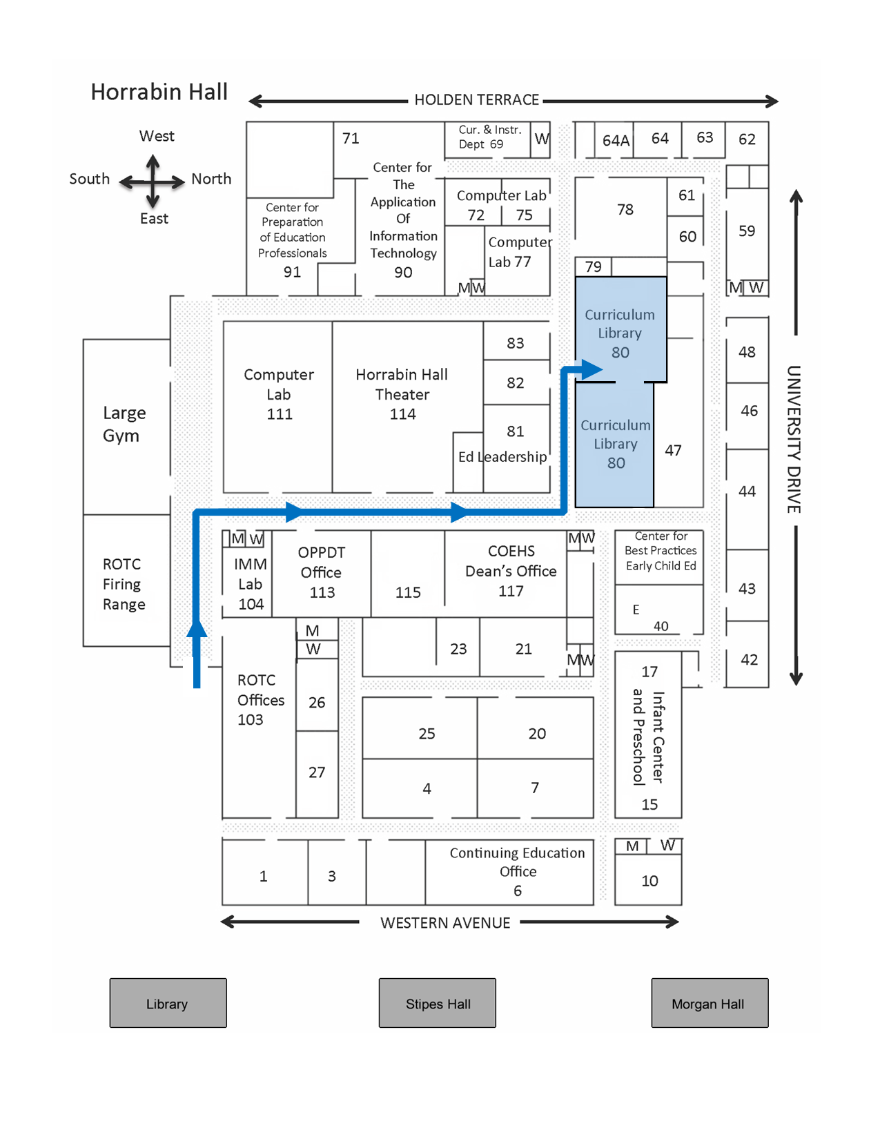 Map of Horrabin Hall (Curriculum Library in Room 80)
