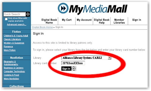 Screenshot of MyMediaMall with a red circle around the sign in form.