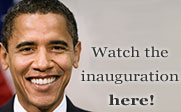 Image of a television with Obama's face on the screen and the text Watch the inauguration here!
