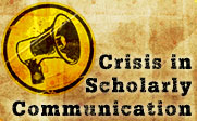 Illustration of a megaphone with the text Crisis in Scholarly Publishing.