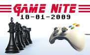 Image of a video game controller facing one side of a chess board with the text Game Nite 10-01-2009.