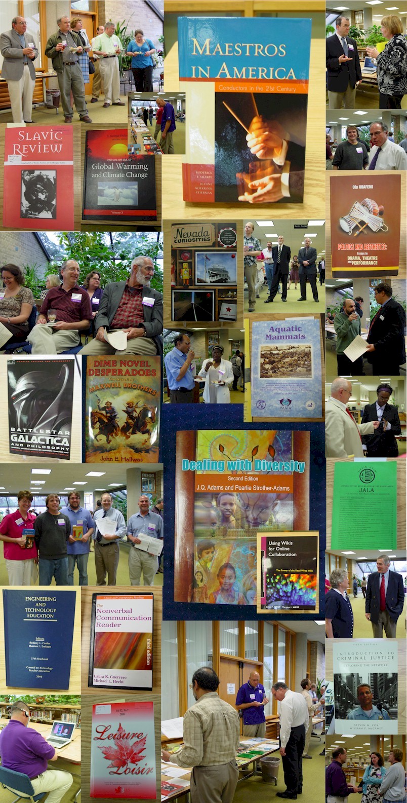 Pictures of books and individuals participating in the 2009 WIU Authors Reception at Malpass Library.