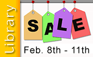 Price tags with the text Library Sale Feb. 8th - 11th.