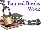 A picture of a stack of books with a chain and lock in front of them and the text banned books week.