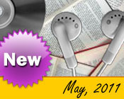 Photo collage of books, CDs, and earphones with the text New May, 2011.