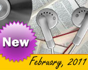 Photo collage of books, CDs, and earphones with the text New February, 2011.