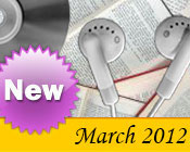 Photo collage of books, CDs, and earphones with the text New March, 2012.