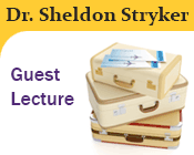 Illustration of a stack of suitcases and plane tickets with the text Dr. Sheldon Stryker Guest Lecture