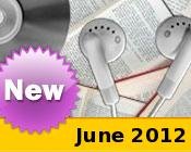Photo collage of books, CDs, and earphones with the text New June, 2012.