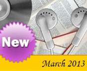 Photo collage of books, CDs, and earphones with the text New March, 2013.