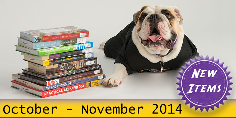 Photo of Col. Rock mascot with books with the text New October - November, 2014.