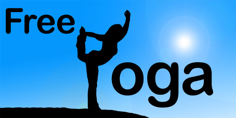 Graphic with silhouette of girl doing Yoga. Free Yoga text.