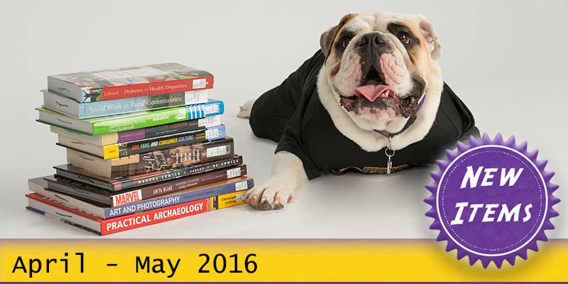 Photo of Col. Rock mascot with books with the text New April - May 2016.