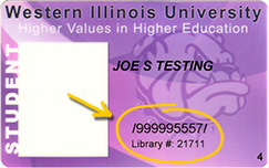 Image of a WIU Student ID with the ID number and Library number circled with an arrow