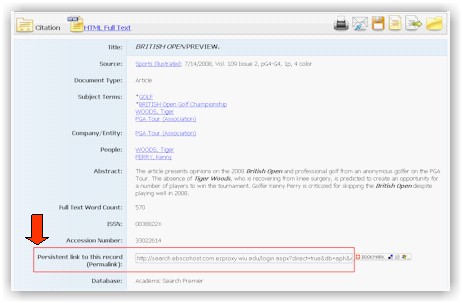 Screenshot of EBSCO database citation