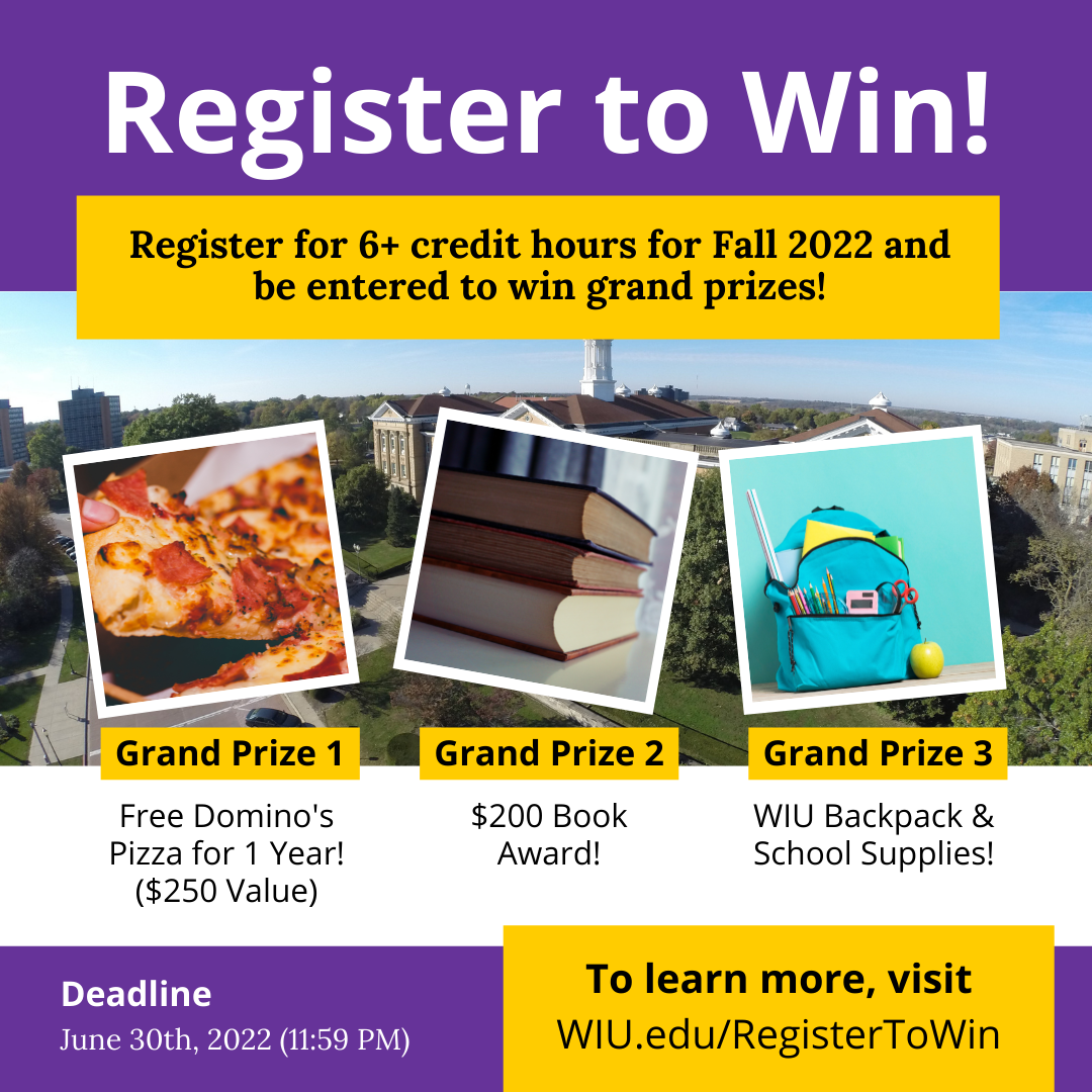 Graphic: register for at least 6 credit hours and be automatically entered to win grand and weekly prizes