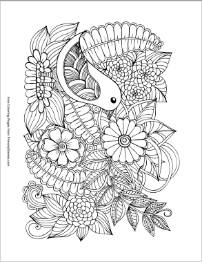 Coloring page wiht a bird and flowers on it