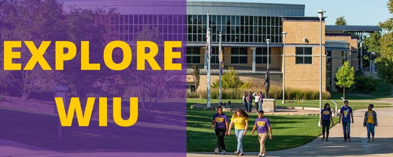 STUDENTS WALKING ON CAMPUS. YELLOW EXPLORE WIU ON PURPLE BANNER
