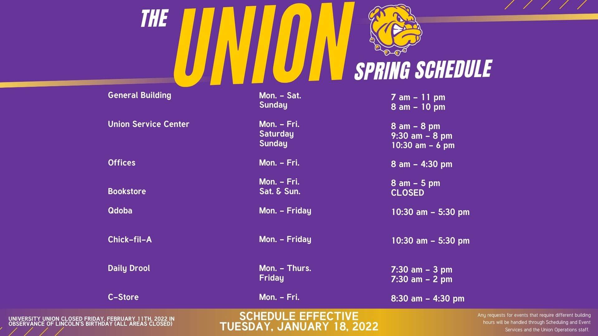 University Union 2022 Spring Hours - click link below to access a text only version.