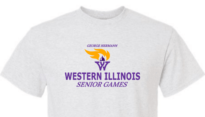 Light gray T-shirt with a logo and text reading "George Hermann Western Illinois Senior Games" with a torch emblem.