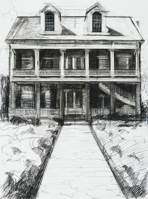 pencil drawing of the front of a large two-story house