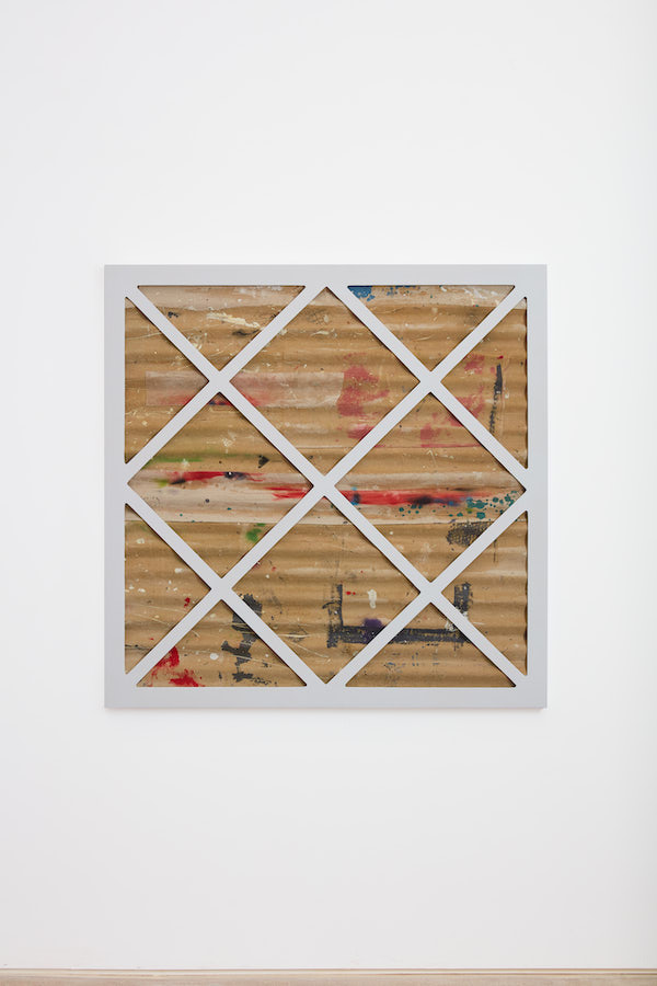 Gesture Arrestor #1, wood, paint, found dropcloth canvas, corrugated aluminum sheet, 48 x 48 in.
