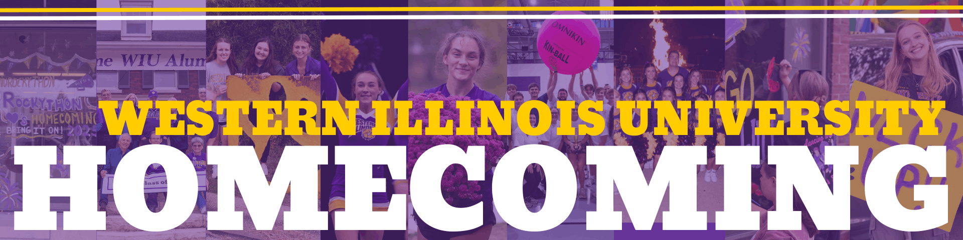 Western Illinois University Homecoming collage with bold yellow and white text over background images of people and activities.