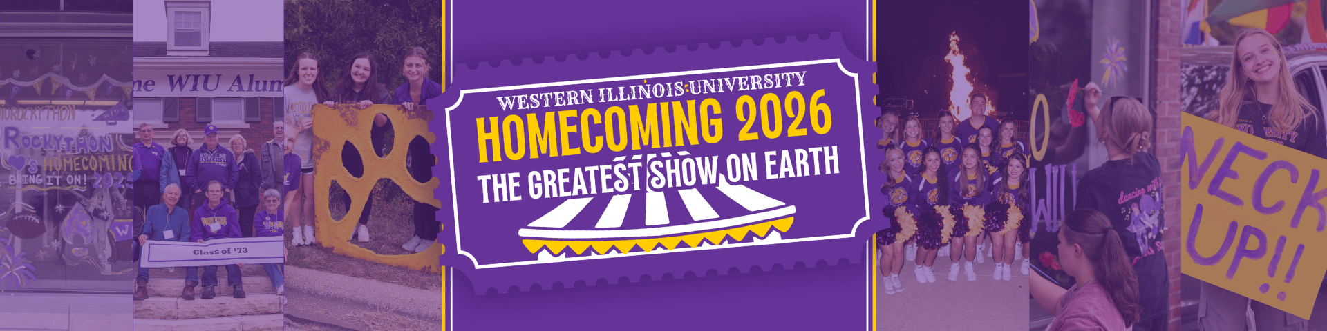 Western Illinois University Homecoming collage with ticket design logo and bold yellow and white text over background images of people and activities.