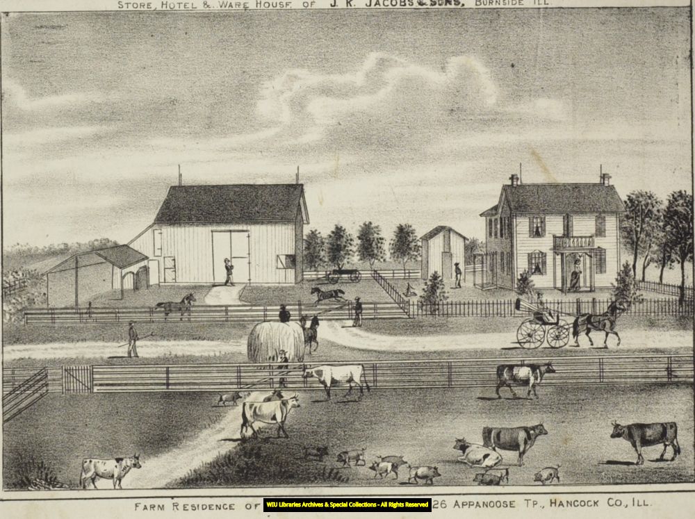 Lithograph of the Markus Schafer farm in Appanoose Township, Hancock County, 1874.