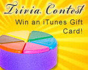 Photo of a Trivial Pursuit game piece with the text Trivia Contest, win an iTunes gift card!