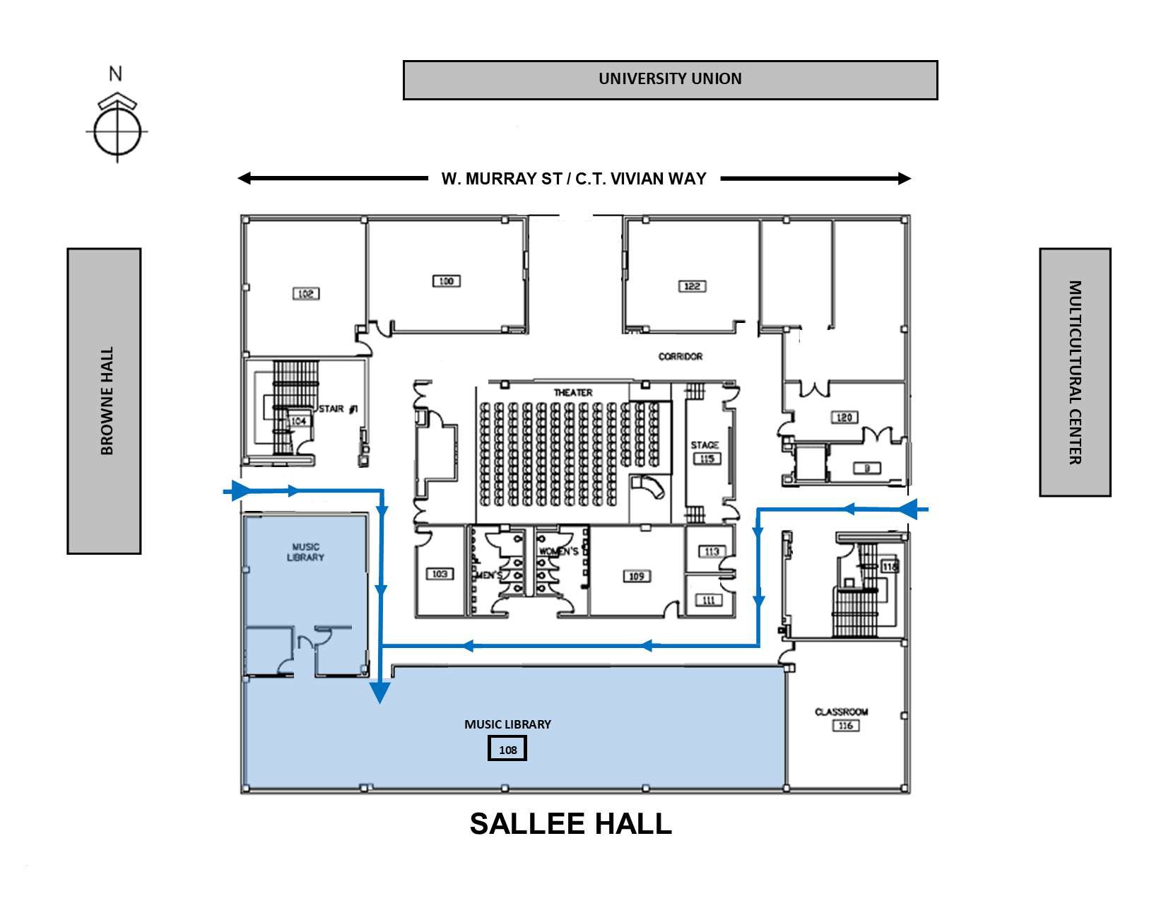 Map of Sallee Hall (Music Library in Room 108)