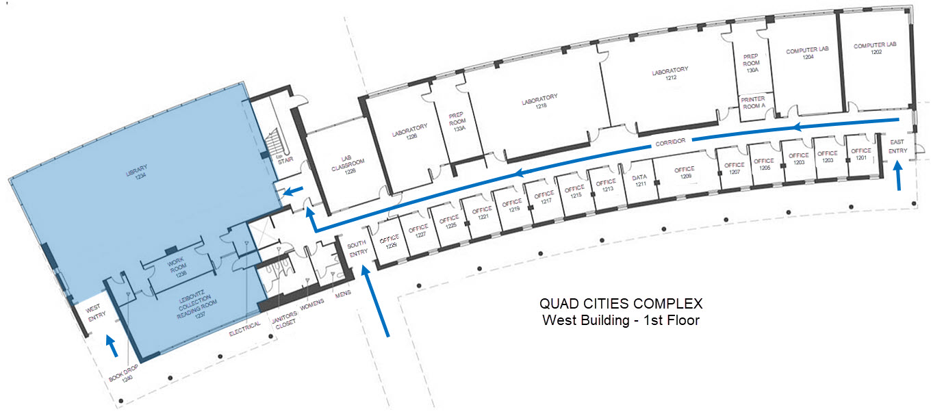 Map of WIU-Quad Cities West Building (Library in Room 1234)