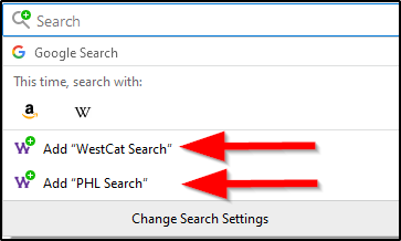 screen shot of adding WestCat Catalog search engine to Firefox