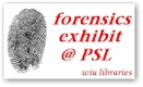 Illustration of a finger print with the text Forensics exhibit at PSL