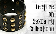 Image of a leather bracelet with the text Lecture on Sexuality Collections.