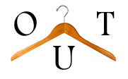 Image of a coat hanger with the text OUT.