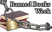 Image of a stack of books behind a lock and chains with the text banned books week.