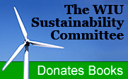 Picture of a windmill with the text The WIU Sustainability Committee Donates Books.