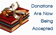 Image of three books tied with ribbon and the text Donations Are Now Being Accepted
