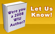 Graphic of a book with the text were you a 2008 WIU author?  Let us know!