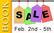 Price tags with the text book sale Feb. 2nd - 5th.