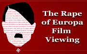 Stylized illustration of Hitler's face with text of famous artist's names filling in the shape of the face and the text The Rape of Europa Film Viewing.