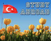 Image of the Turkey flag and tulips with the text Study Abroad