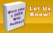 A book with the text Were you a 2009 WIU Author? Let Us Know!