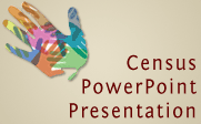 Illustration of a handprint filled in by different colored hands with the text Census PowerPoint Presentation.